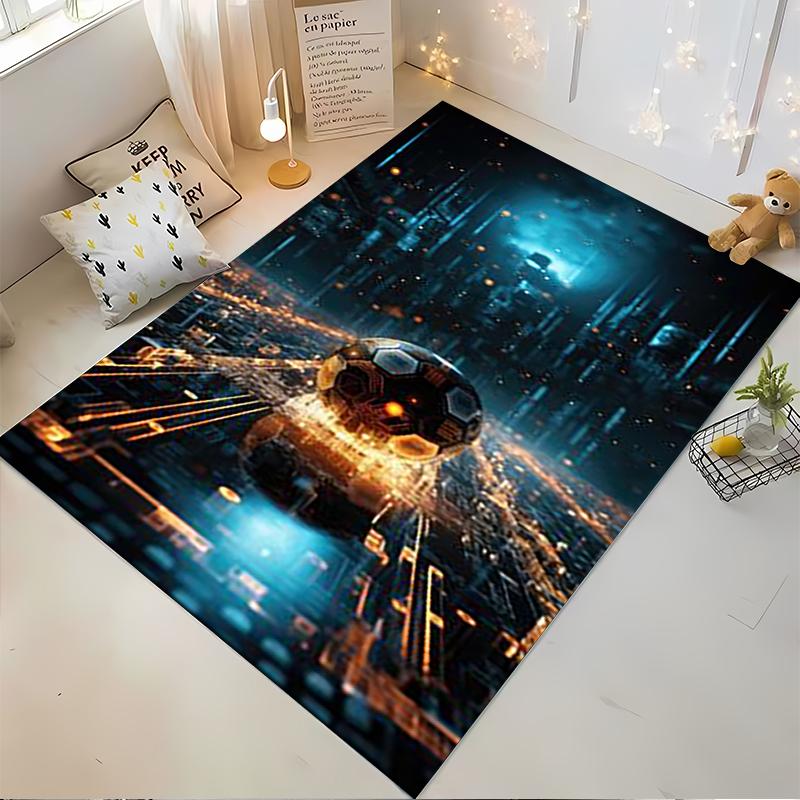 Futuristic Sci-Fi Cityscape with Glowing Soccer Ball Pattern Carpet Suitable for Use As an Anti-slip for Living Room Bedroom Sofas