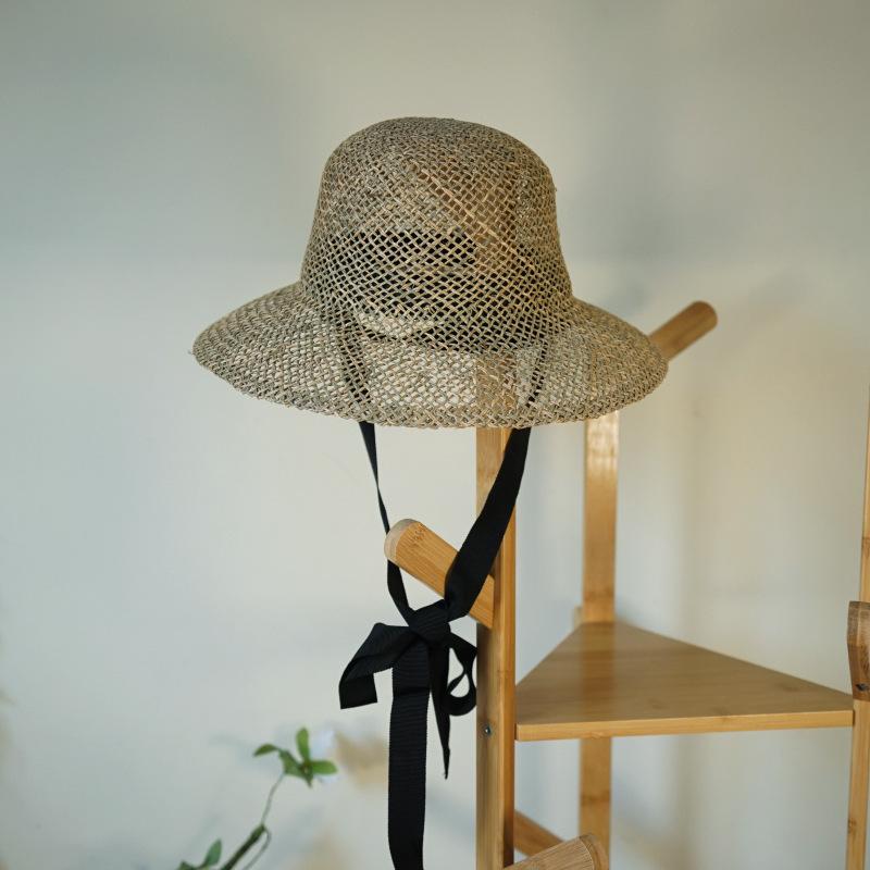 Japanese Retro Cute Hollow Hand-Woven Straw Pot Hat Women'S Summer Versatile Bucket Hat Sun Protection Lace-Up Straw Hat