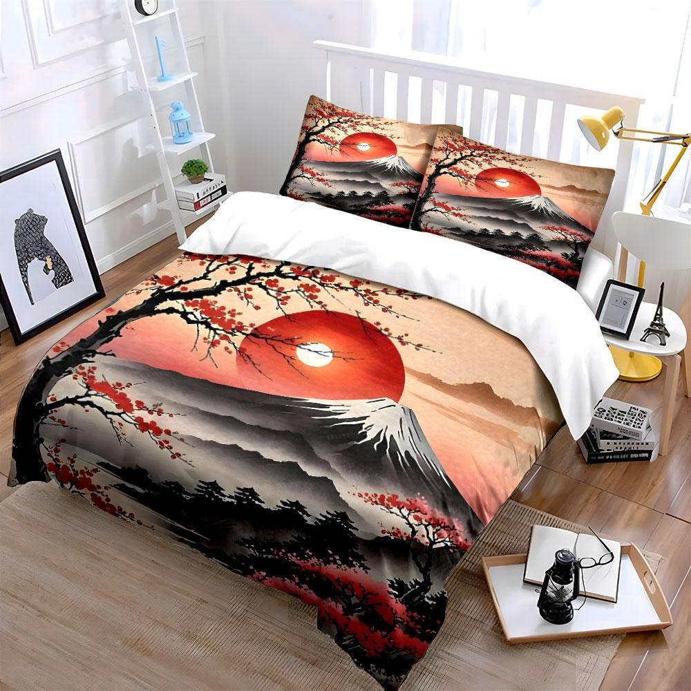 Cherry Blossom Mountain Decor Set Soft Skin-Friendly Bedding Set Includes 1 Duvet Cover And 2 Pillowcase Gift