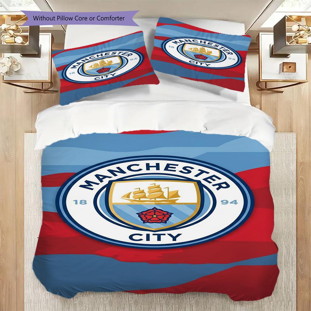 Manchester City Emblem Three-piece Set (1 * Duvet Cover + 2 * Pillowcase, Without Core) 2DFlat Duvet Cover and Pillowcase Christmas Birthday Gift