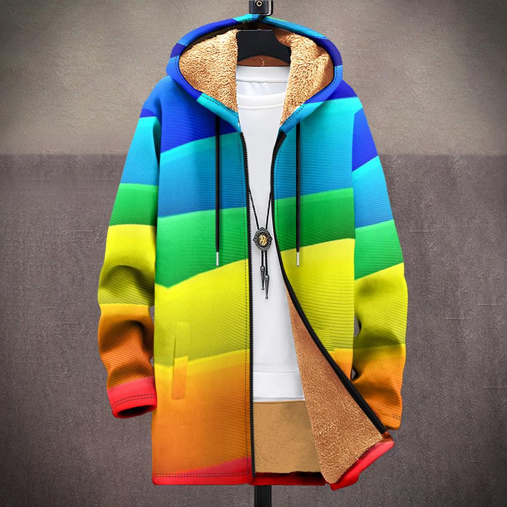 New jacket: multi-colored pattern elements, zipper hooded cardigan, thickened winter fleece padded clothes, yellow lining, trendy cotton clothes