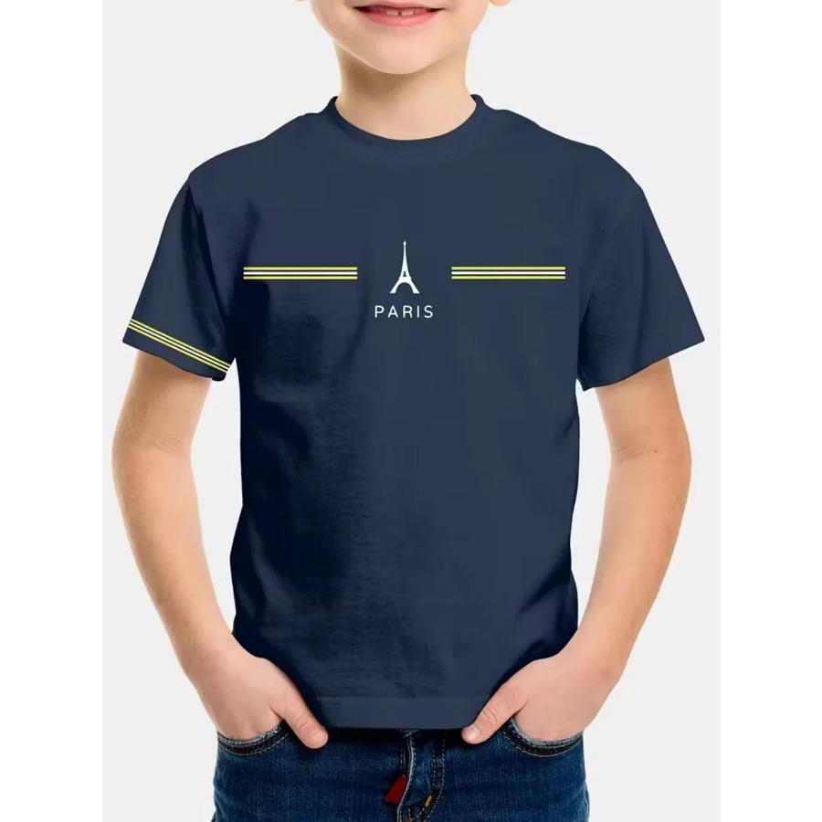 Boys' T-Shirt Simple Paris Letter Print Summer Short Sleeve Tees Loose Fashion Round Neck Tops Stripe Streetwear Kids Clothing
