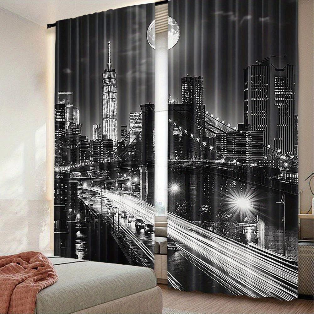 2pcs New York City Night Scene Printed Curtains, Pole Bag Curtains, Bedroom and Living Room, Home Decoration, Room Decoration