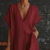 Damen V-Ausschnitt Maxikleid Sommer Baumwolle Leinen Fließend Strand Sonnenkleid Spitzenbesatz Lässig Locker Lang Kleid mit Taschen
