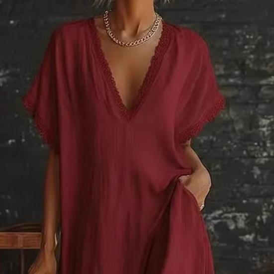 Damen V-Ausschnitt Maxikleid Sommer Baumwolle Leinen Fließend Strand Sonnenkleid Spitzenbesatz Lässig Locker Lang Kleid mit Taschen