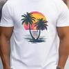 Men's Summer 100 Cotton Fashionable Casual Loose Fit Plus Size Sunset Coconut Tree Print Round Neck Short Sleeved T-shirt Top