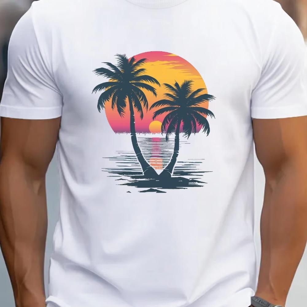 Men's Summer 100 Cotton Fashionable Casual Loose Fit Plus Size Sunset Coconut Tree Print Round Neck Short Sleeved T-shirt Top
