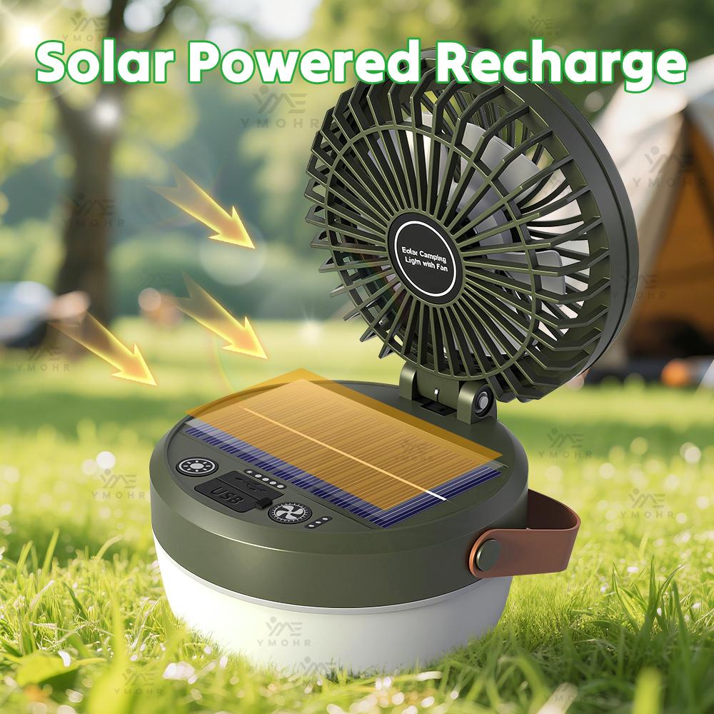 Portable Solar Powered Fan Light 2in1 LED Lantern 3 Speed 4 Light Mode Type-C Rechargeable 3000mAh Waterproof for Camping Hiking