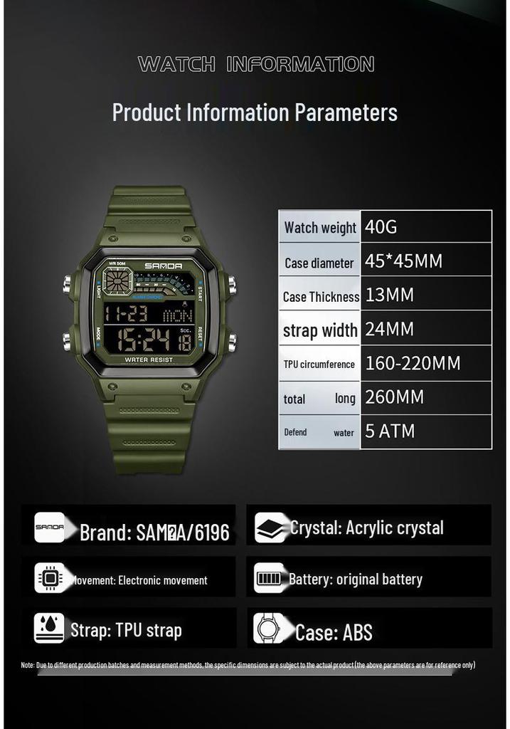 Sanda Sports Waterproof Square Electronic Watch for Teens - Unisex Fashionable and Simple Design