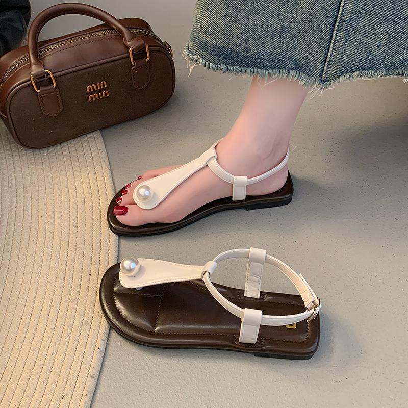 Fashion 2025 Summer Open Toe Women's Sandals Outdoor Pearl Buckle Strap Thong Sandals for New Daily Versatile Casual & Beach