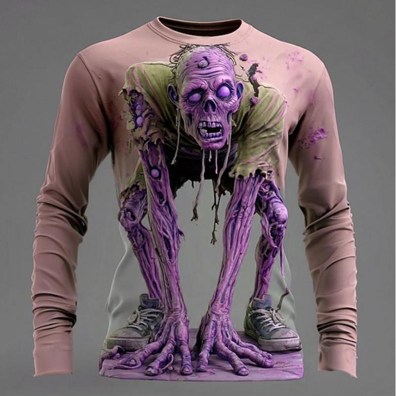 Mens Loose Fit Hooded Sweatshirt Halloween Horror Cartoon Print Long Sleeve Pullover Teens Adults