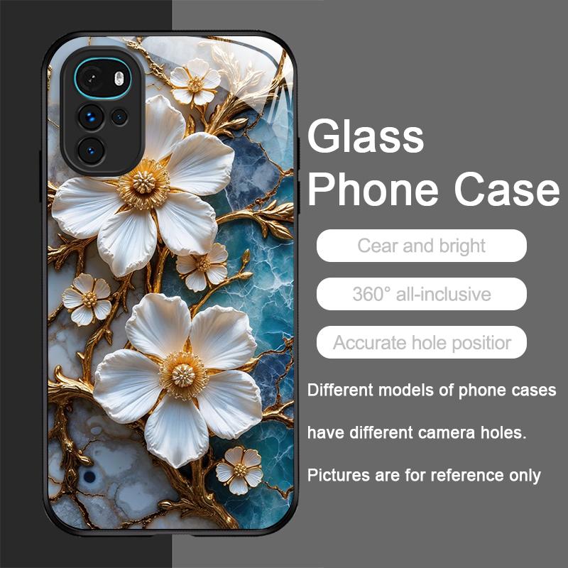 White Camellia Flower Marble Texture Tempered Glass Phone Case for Motorola Moto G85 G84 G75 Edge 50 Fusion 40 Neo 30 Pro Cover