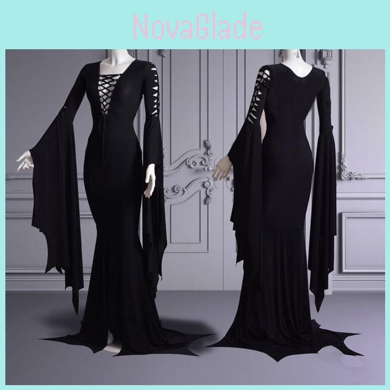Stunning Gothic Style Long Sleeve V Neck Dress With Bell Sleeves Perfect For Halloween Available In Red And Black And Blue Sizes S To 5xl