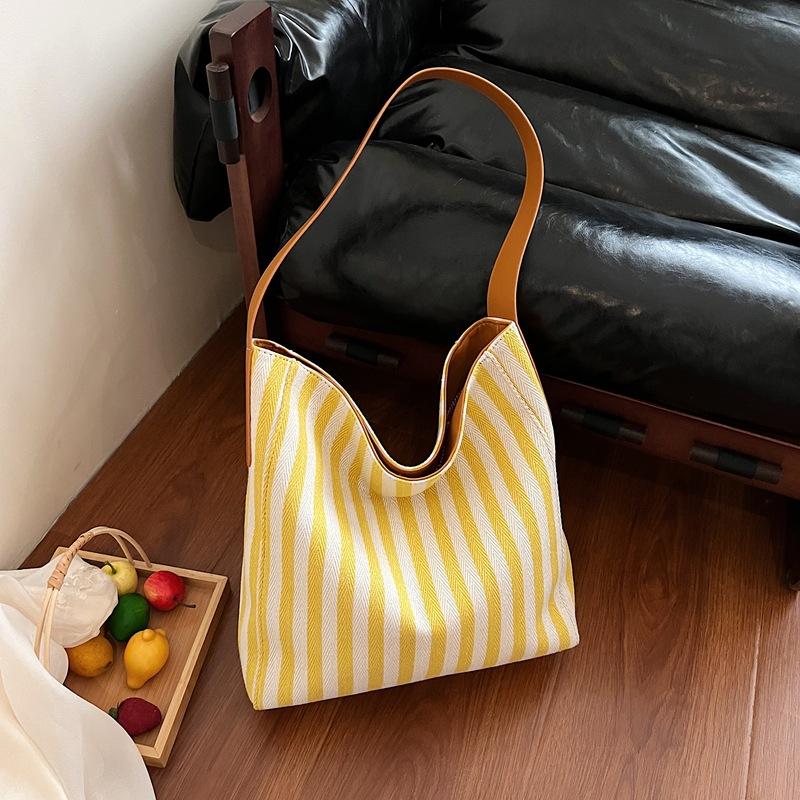 2025 new lazy wind canvas bag women's large-capacity bag Sen Meng summer striped shoulder tote bag tote bag