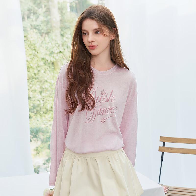 Ledin Sweet Cursive Letter Print Drop-Shoulder Long Sleeve T-Shirt L