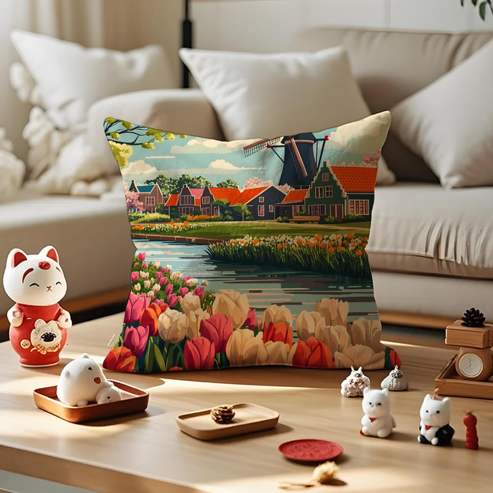 Dutch Windmills & Tulips Cushion Cover Anti-dustmite Pillowcase Invisible Zipper Silky Short Plush Sofa Cushion Cover