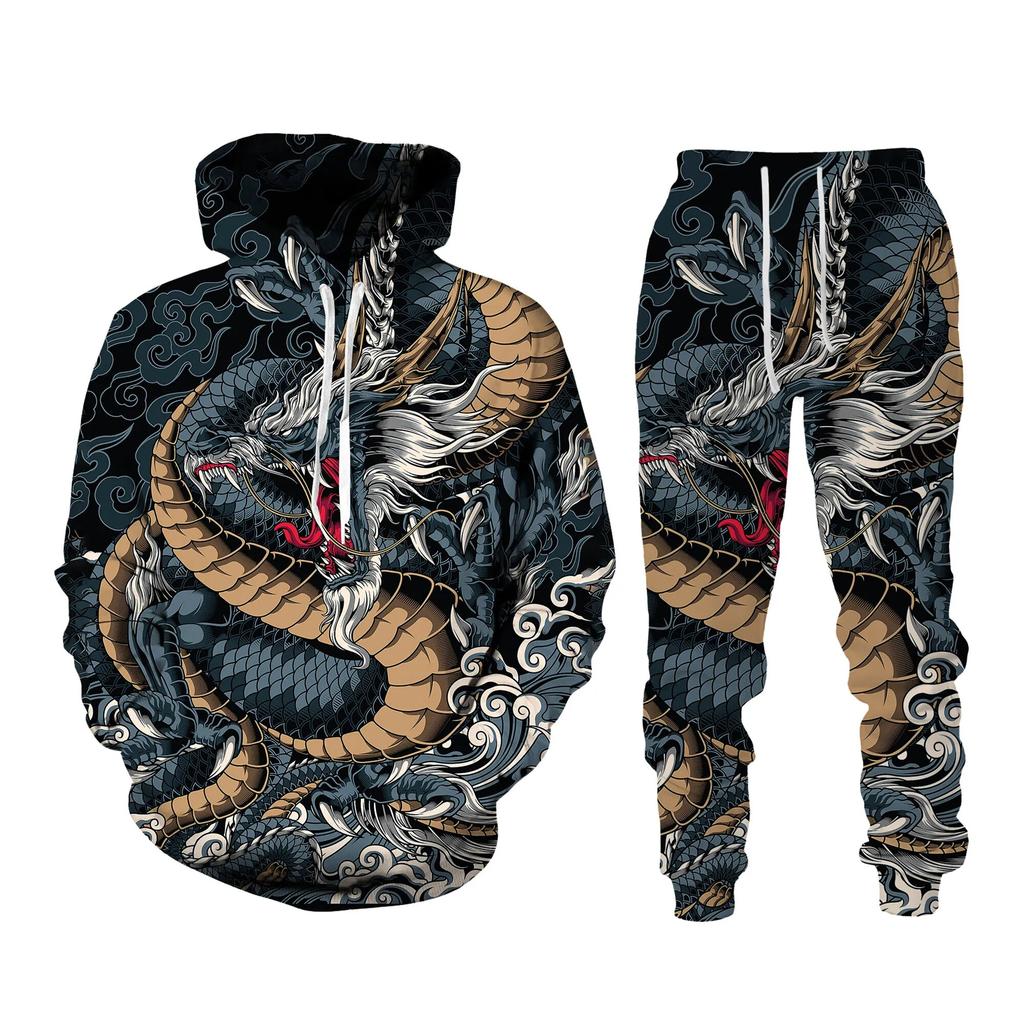 Autumn 3D Oriental Dragon God Printed Herre Hette Genser Set Mannlig Japansk Samurai Tatovering Glidelås 3d Treningsdress Herreklær Dress