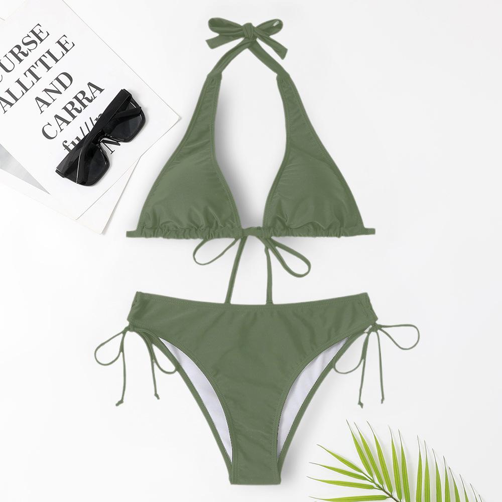 European & American Tie-Up Bikini: Sexy Solid Color Swimwear for Beach Vacations