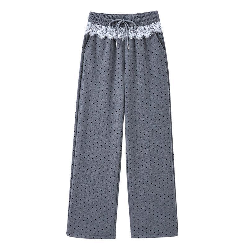 Women's High Waist Polka Dot Wide Leg Pants with Lace Trim - 2025 Spring Collection
