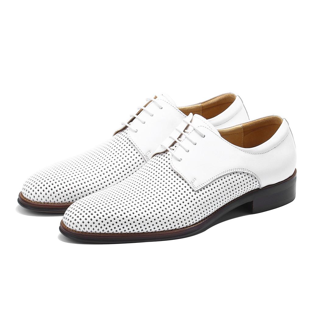 White Dress Leather Shoes Men'S Hollow Leather Soft Surface Business Casual Derby Shoes Summer Breathable Men'S Shoes