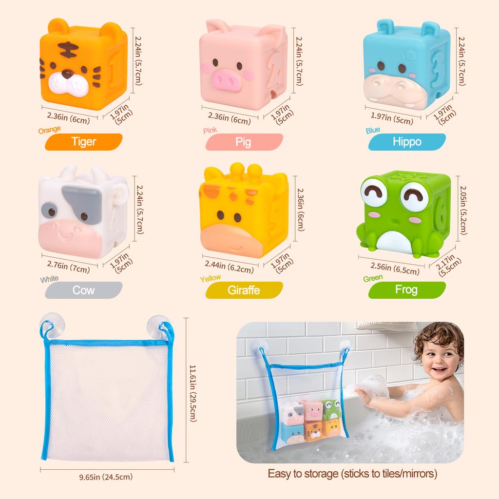 3D Cube Animal Stacking Toys Baby Soft Silicone Building Blocks Toys Bath Toys Toddler Early Educational Sensory Montessori Toys