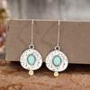 Vintage Oval Inlaid with Green Stones Earrings Ethnic Silver Color Metal Carving Pattern Dangle Earrings for Women Jewelry
