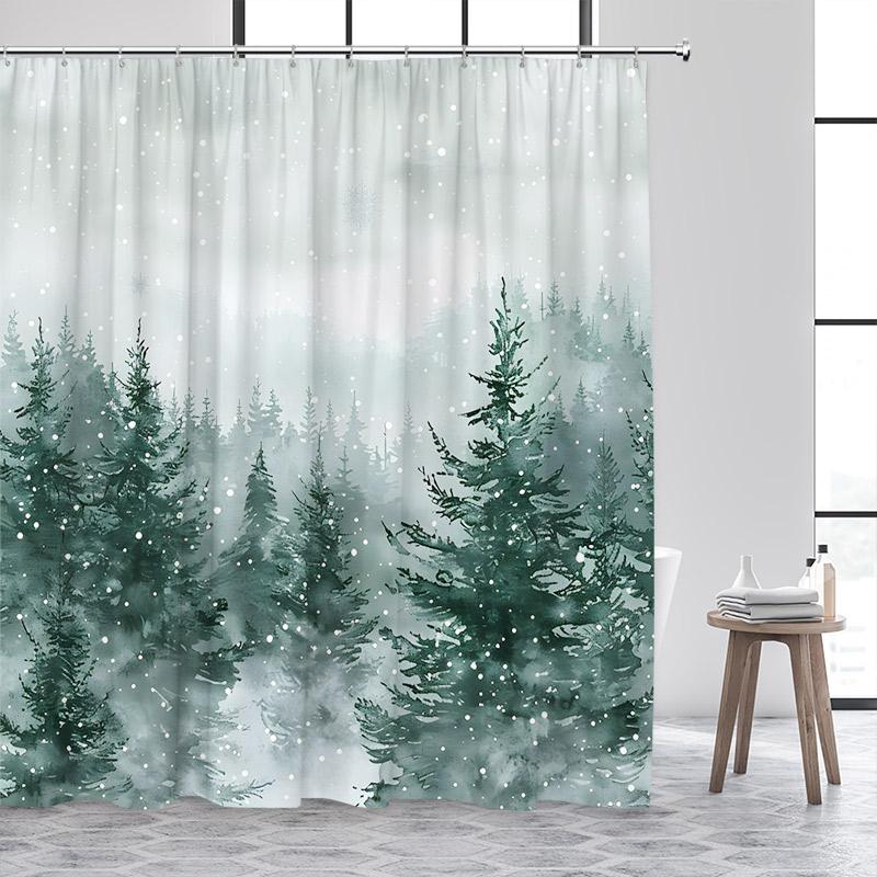 Winter Forest Landscape Shower Curtains Cedar Red Berries Watercolour Art Snow Scenery Fabric Bathroom Curtain Decor With Hooks