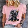 Unisex 100% Polyester Summer Top Black Cartoon Little Unicorn Print Loose Round Neck Short Sleeve Fashion for Lovers