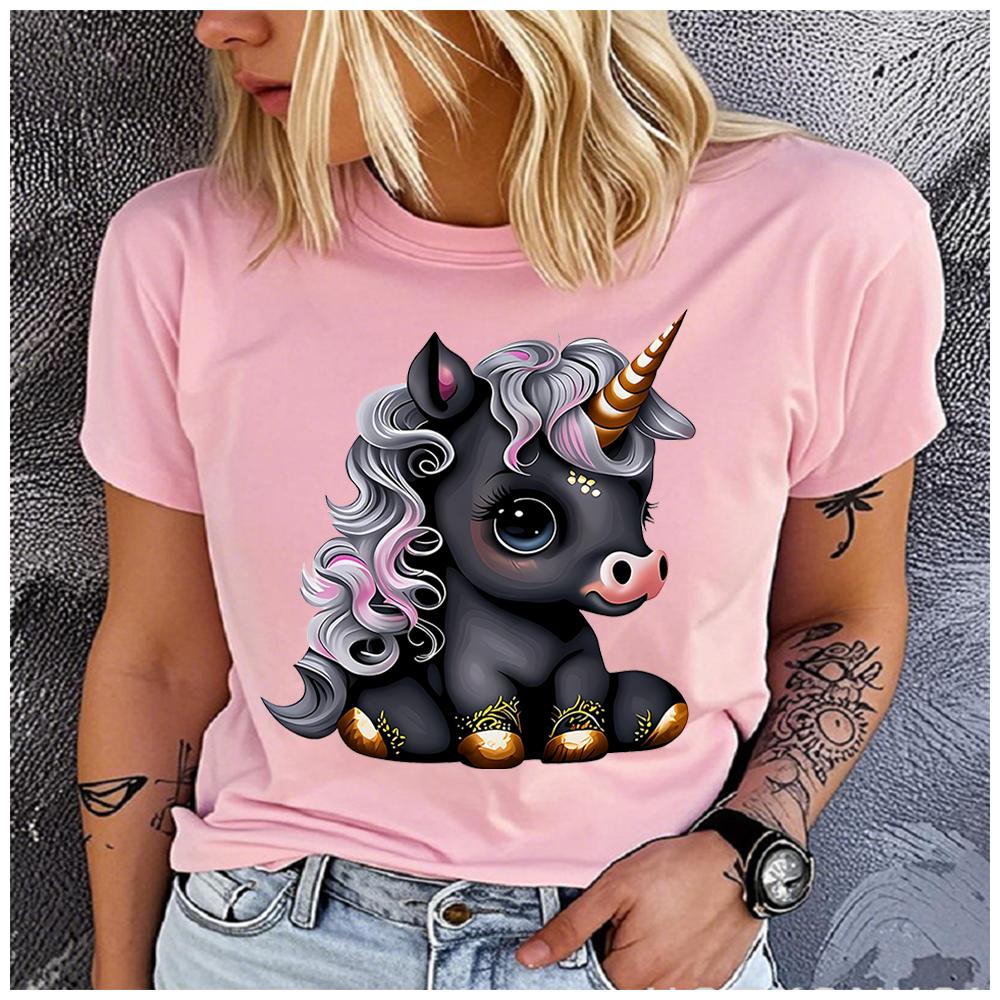 Unisex 100% Polyester Summer Top Black Cartoon Little Unicorn Print Loose Round Neck Short Sleeve Fashion for Lovers