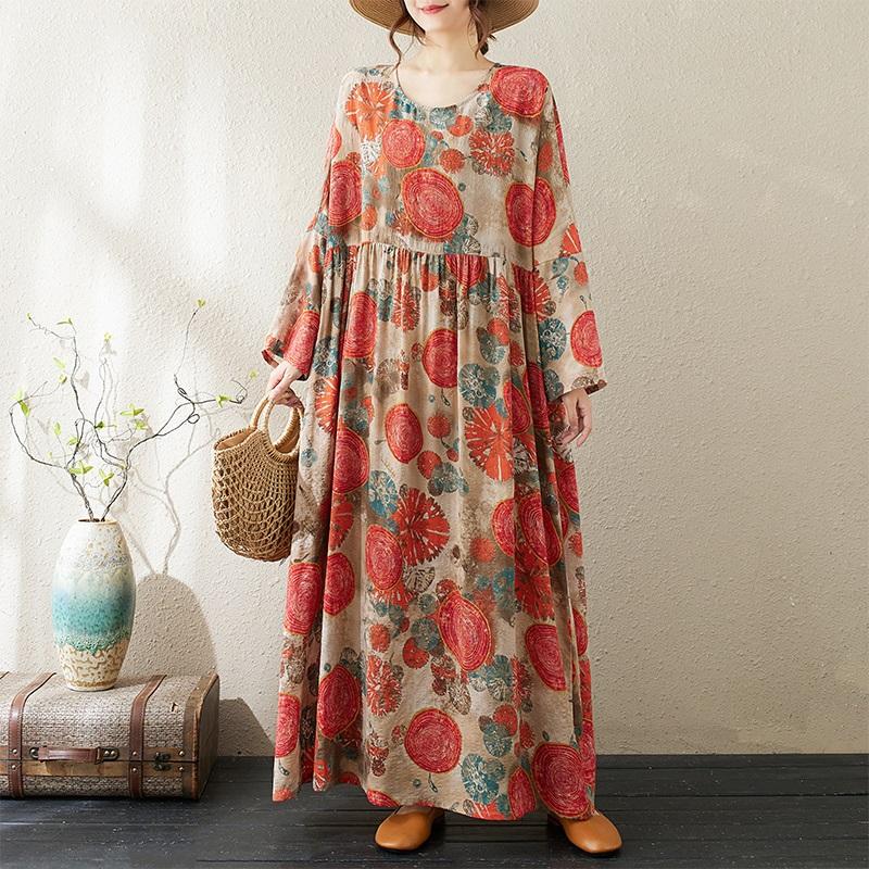 Long Sleeve Plus Size Cotton Vintage Floral New In Dresses for Women Casual Loose Spring Summer Autumn Dress