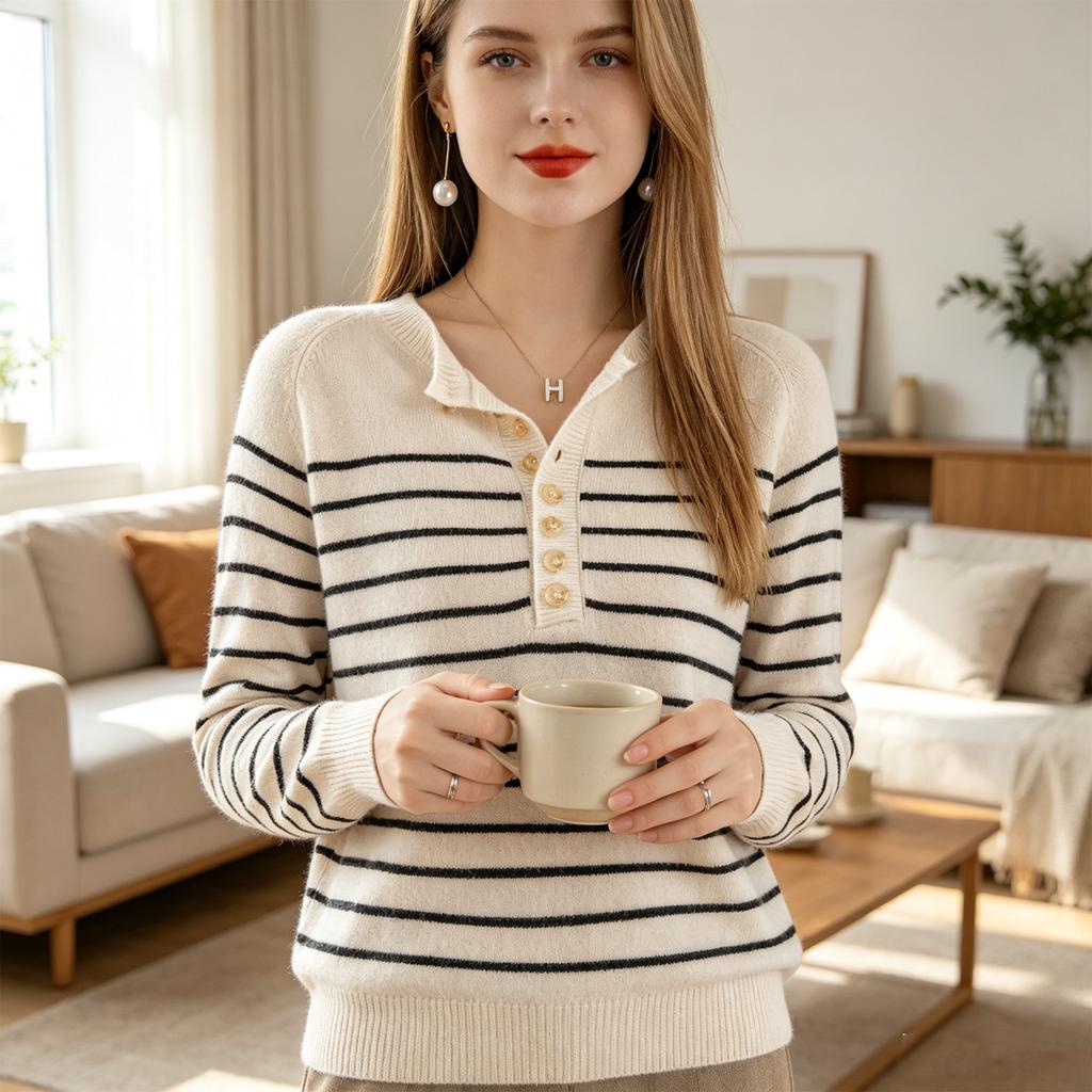 Women's Casual Striped Knit Top with Button Front and Round Neck Loose Fit for Everyday Wear