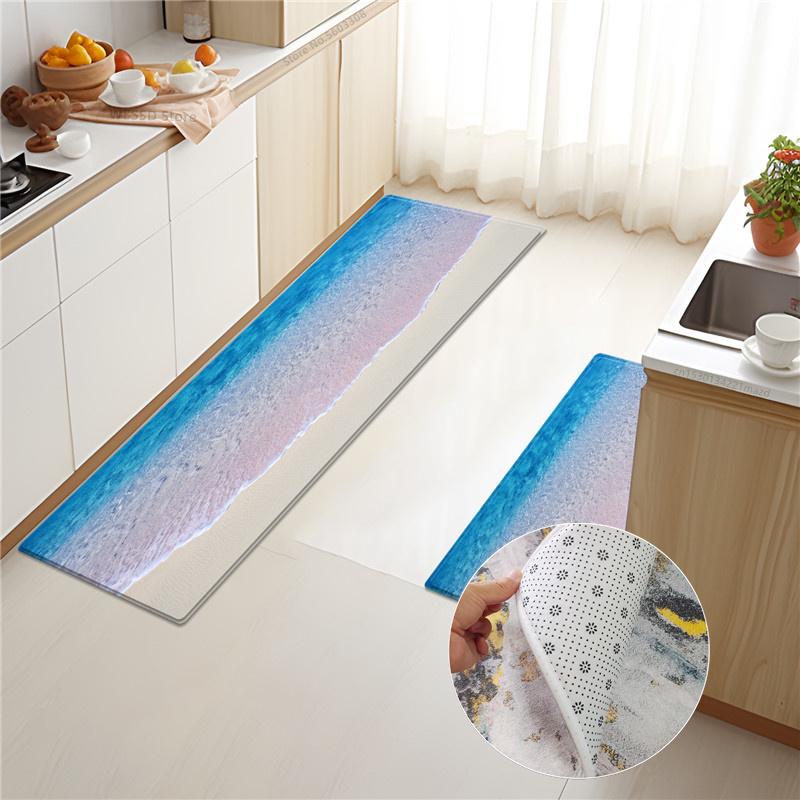 Marine Style Waves Rug For Kicthen Floor 3D Sea Print Kitchen Mat Set Sponge Material Bathroom Rug Absorbent Non-slip