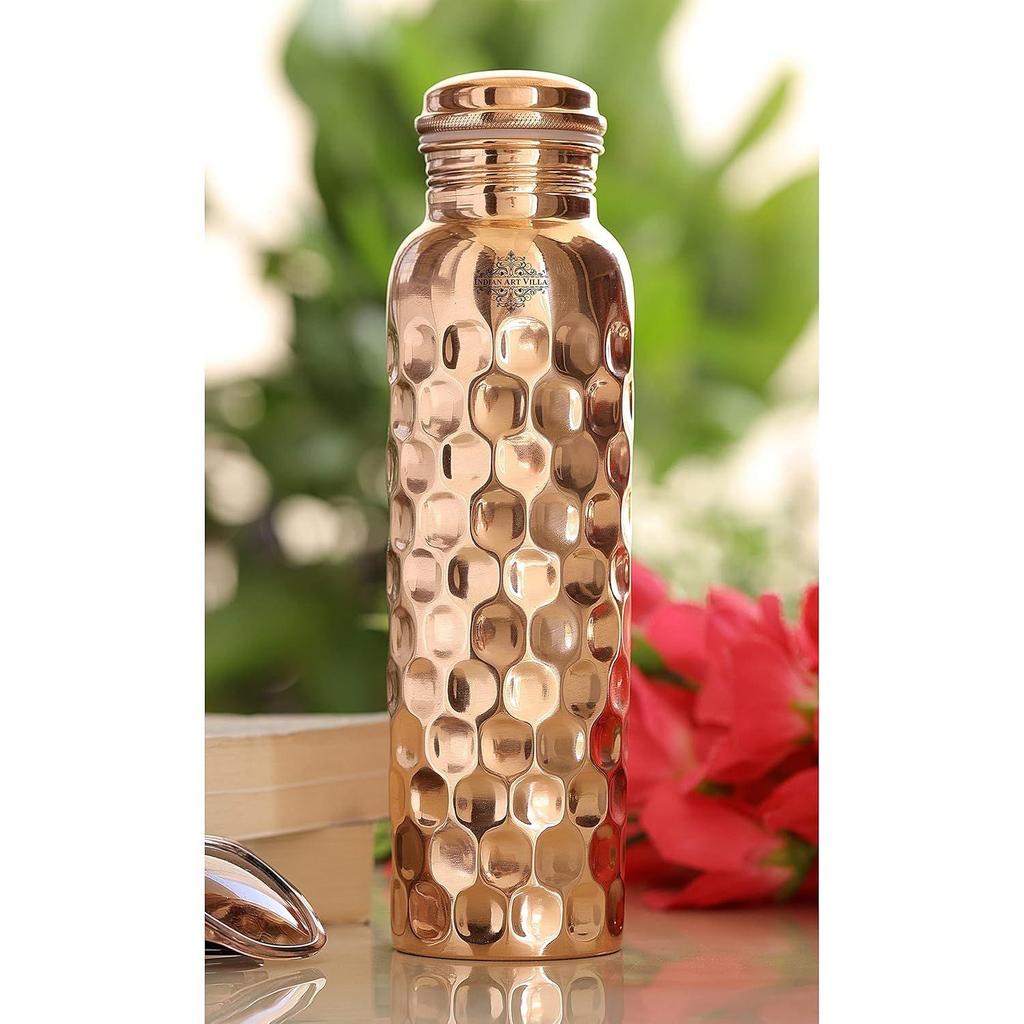 Sticlă de apă din cupru pur cu design ciocanat cu diamant, vase, scop de depozitare, volum-900 ML, pachet de 1