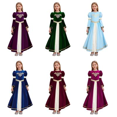 Dívčí středověký kostým princezny Patchwork Kulatý výstřih Zvonové rukávy Zlatý potisk Volánkový lem Dlouhé šaty
