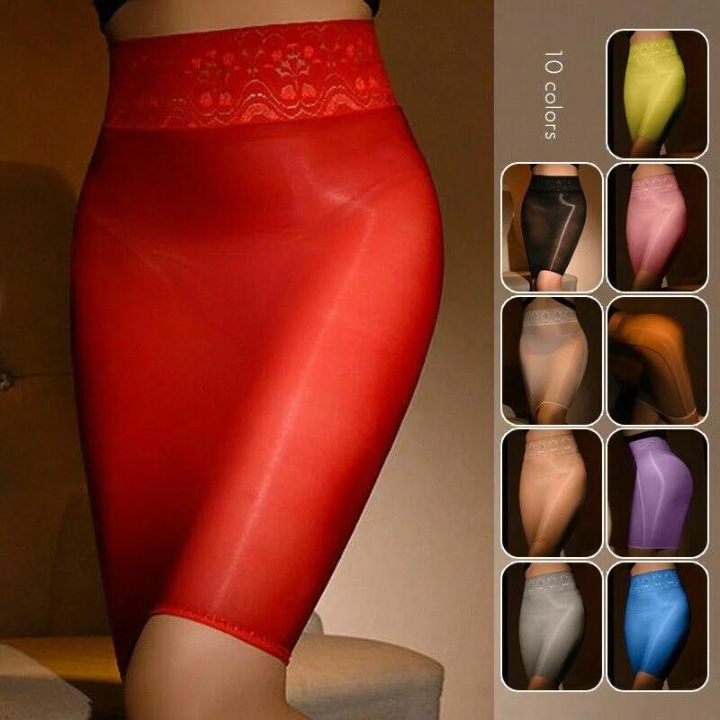 Damen Sexy Skinny Öl Glänzend Stretch Minirock Body Shaper Spitze Oberteil Durchsichtiger Rock Schlankmachend Nachtclub Tanzkleidung