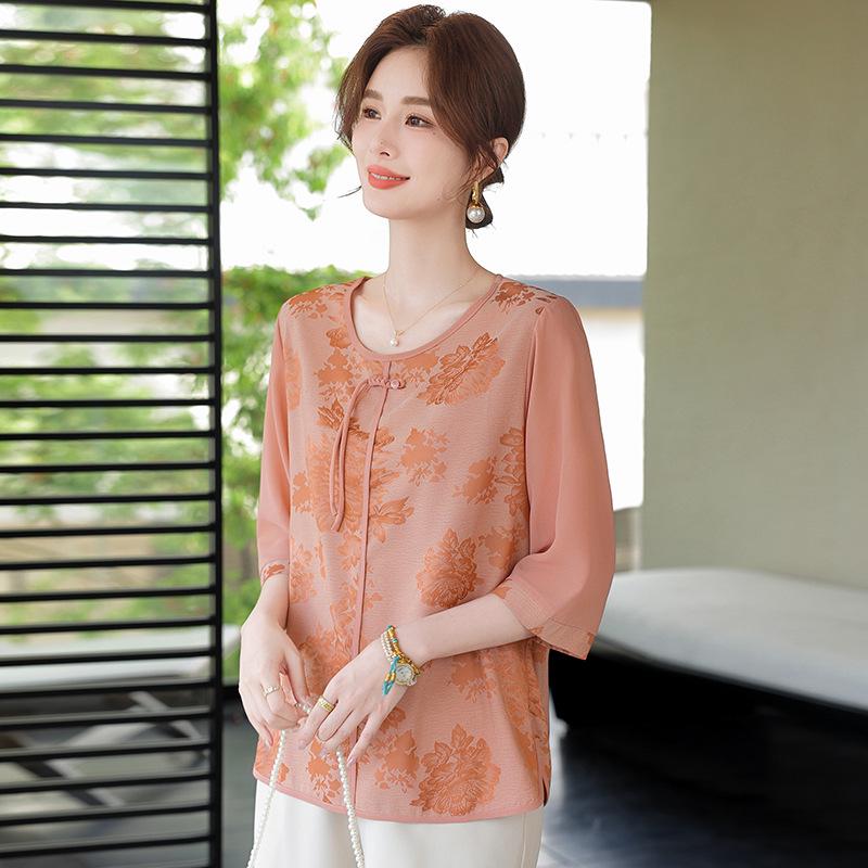

2026 Summer Plus Size Round Neck T-shirt for Middle-aged and Older Women - Stylish, Lightweight Short Sleeve Blouse 5XL (Recommended 145-160 Jin) помаранчевий