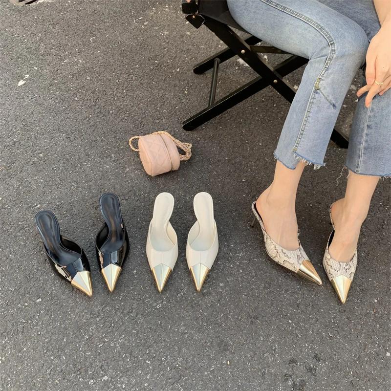 Fashion Spring Fashion Serpentine Pointed Toe Women Slippers Luxury High Heels Sexy Thin Heels Sandals Stripper Banquet Mule Female Shoe