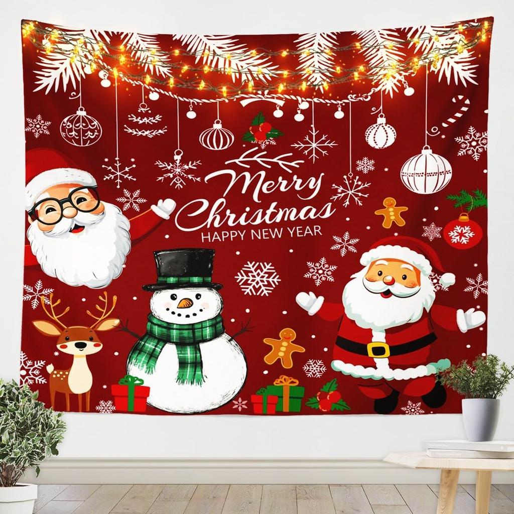 Red Christmas Tapestry Wall Hanging Cute Snowman Santa Claus Tapestry Medium White Snowflake Pine Tree Leaves Tapestries