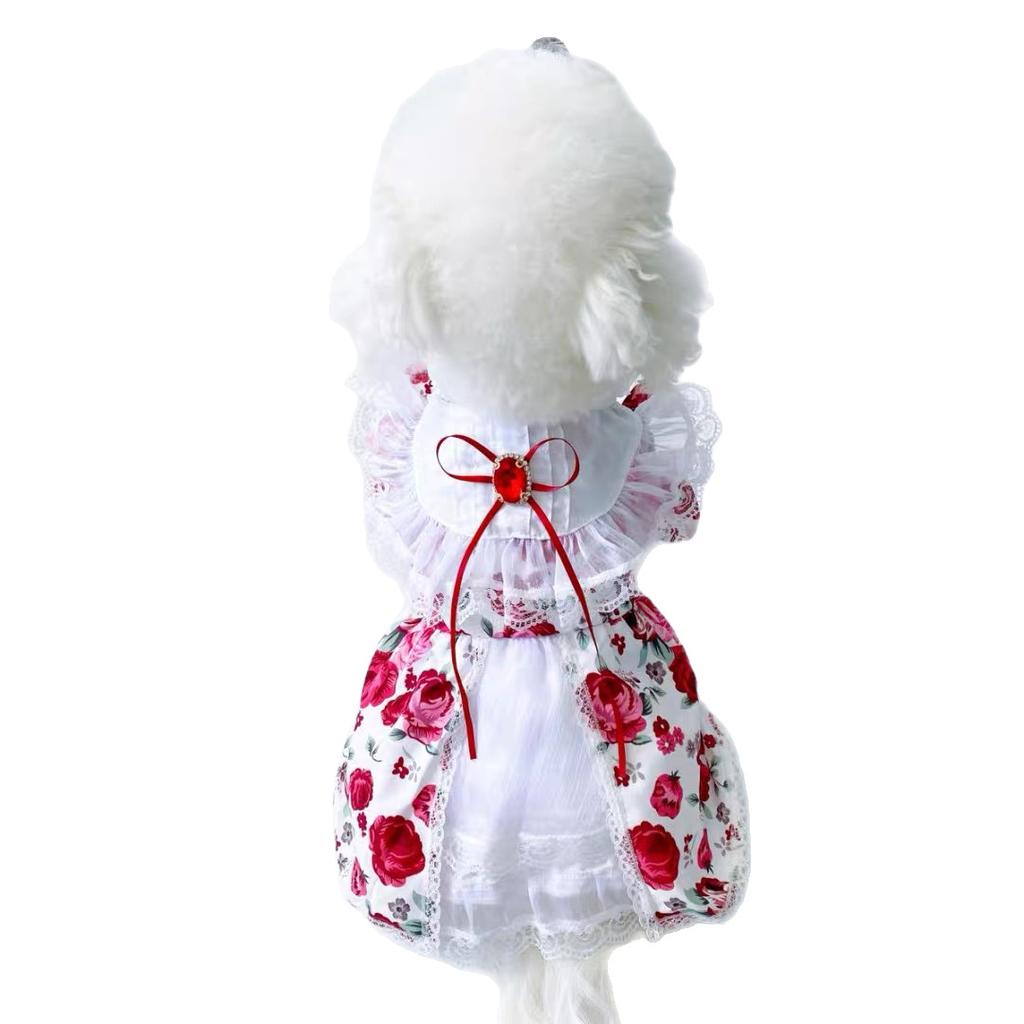 Pet Spring Rose Mesh Dress Cat Rose Lace Princess Dress Small Medium-sized Dog Teddy Vest Puppy Clothes for Small Dogs