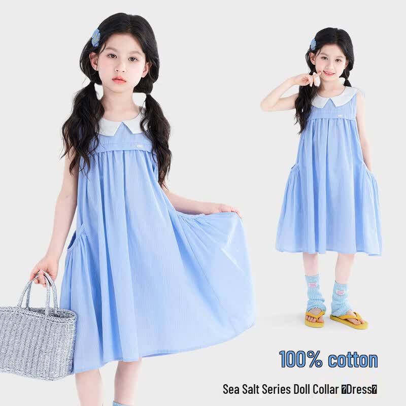 Tutuxiaoxiang Girl s 100% Cotton Peter Pan Collar A-line Dress 110 синий