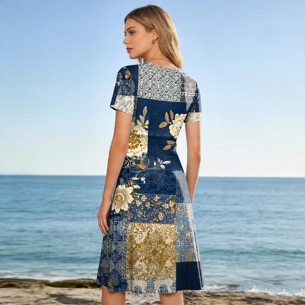 Women's Casual Vintage Floral Print Short Sleeve V Neck Dress Knee Length Lightweight Summer Dress for Daily Wear