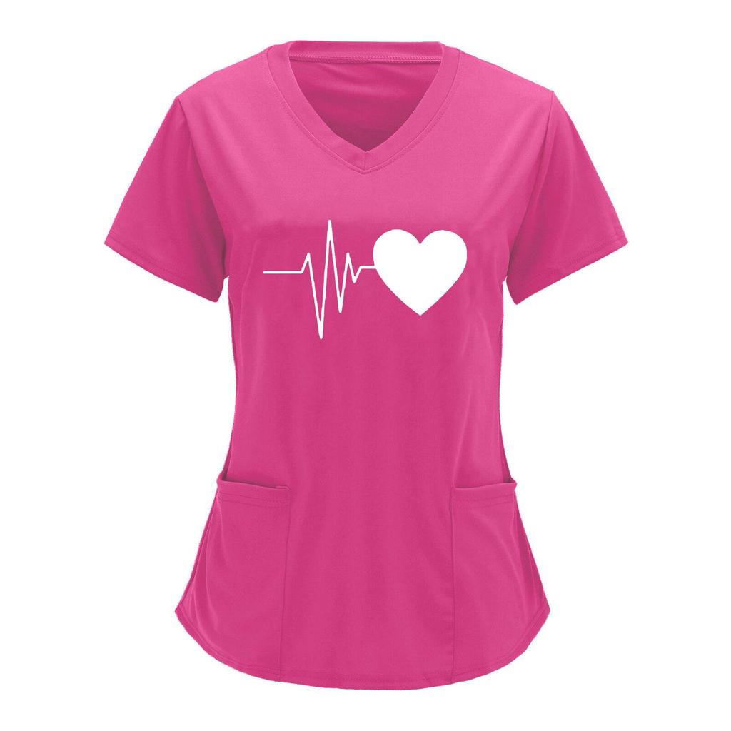 European & American Heartbeat Love Print Nurse Uniform, V-Neck, Double Pocket, Short-Sleeve T-Shirt, Large Size