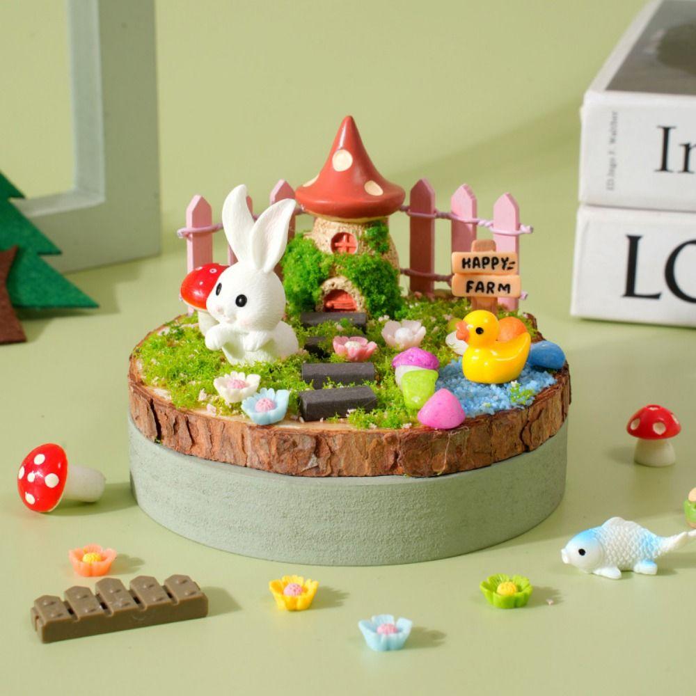 Multicolor Landscape DIY Material Kit Resin Cartoon Statue Desktop Ornament Wood Base Mini Size DIY Decorative Figurine