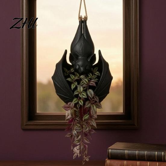 Mysterious Atmosphere Plant Display Bat Shaped Hanging Planter, Gothic Pot for Indoor Outdoor Garden Fantasy Style Porch Wall Decor, Unique