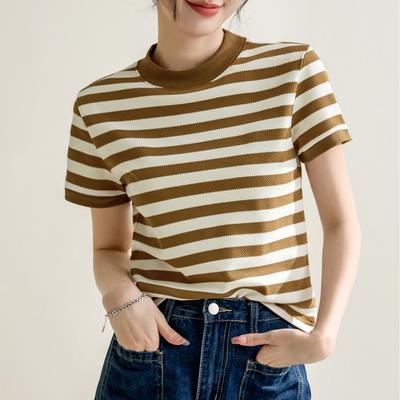 Μοναδική Μπλούζα με Στρογγυλή Λαιμόκοψη, Ανάγλυφη, με Αντίθεση και Ριγέ Μοτίβο, Κοντομάνικη για Γυναίκες 2024 Άνοιξη και Καλοκαίρι Νέο Σχέδιο Τοπ