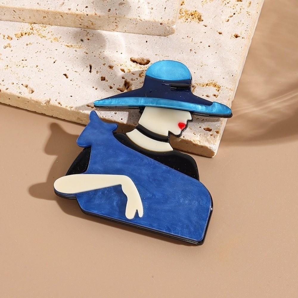 Acrylic Lady with Hat Brooch Cartoon Coat Badge Cute Women Portrait Pin  Clothing Accessories