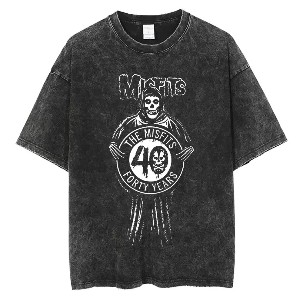 2026 Washed Vintage Hardcore Punk Band Misfits Tshirt Horror Skeleton Graphic T-shirt Men Women's Fashion Casual Oversized T Shirts