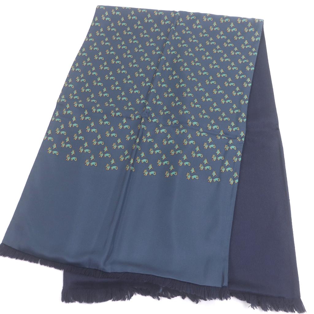 Excellent HERMES Scarf Horse Harness All-over Pattern Navy Silk Mens Used