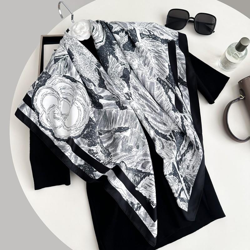 New light luxury flower sketch 91 imitation silk large square scarf fashion tube top retro printing versatile twill silk scarf