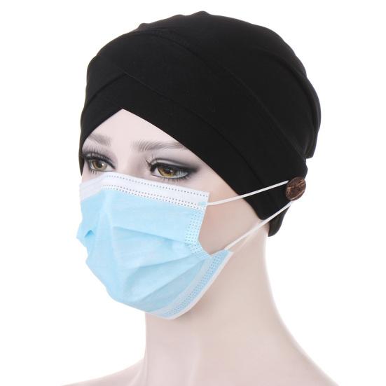 

Women Solid Color Front Cross Beanie Bonnet Breathable Hat Cap with Button чёрный